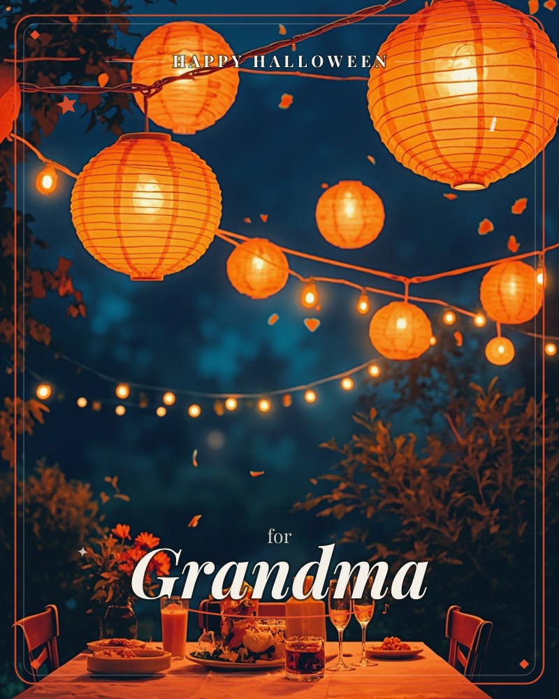 A garden table is set for an evening meal beneath strings of glowing orange paper lanterns, with small bulb lights woven through dark trees against a…, a halloween e-card design