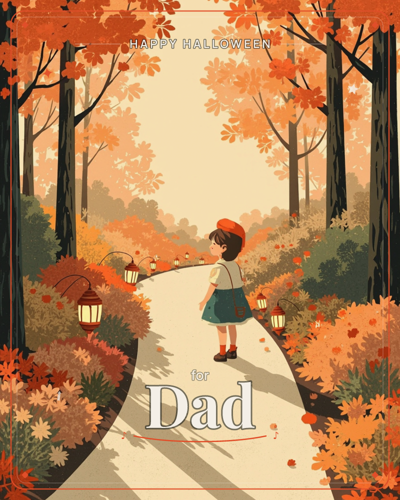 A small child in a red cap and teal dress stands alone on a path winding through a glowing autumn forest, lit lanterns strung along the hedges on…, a halloween e-card design