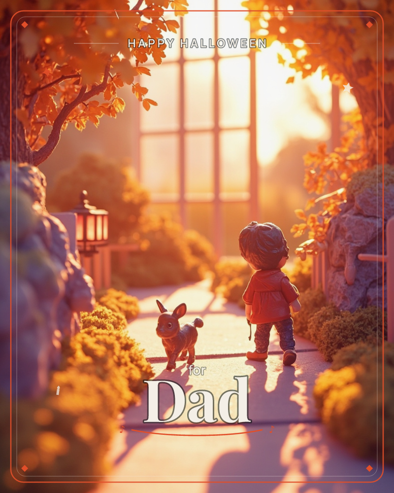 A miniature diorama-style scene shows a small child in a red coat walking beside a little rabbit along a stone path, framed by golden autumn trees and…, a halloween e-card design