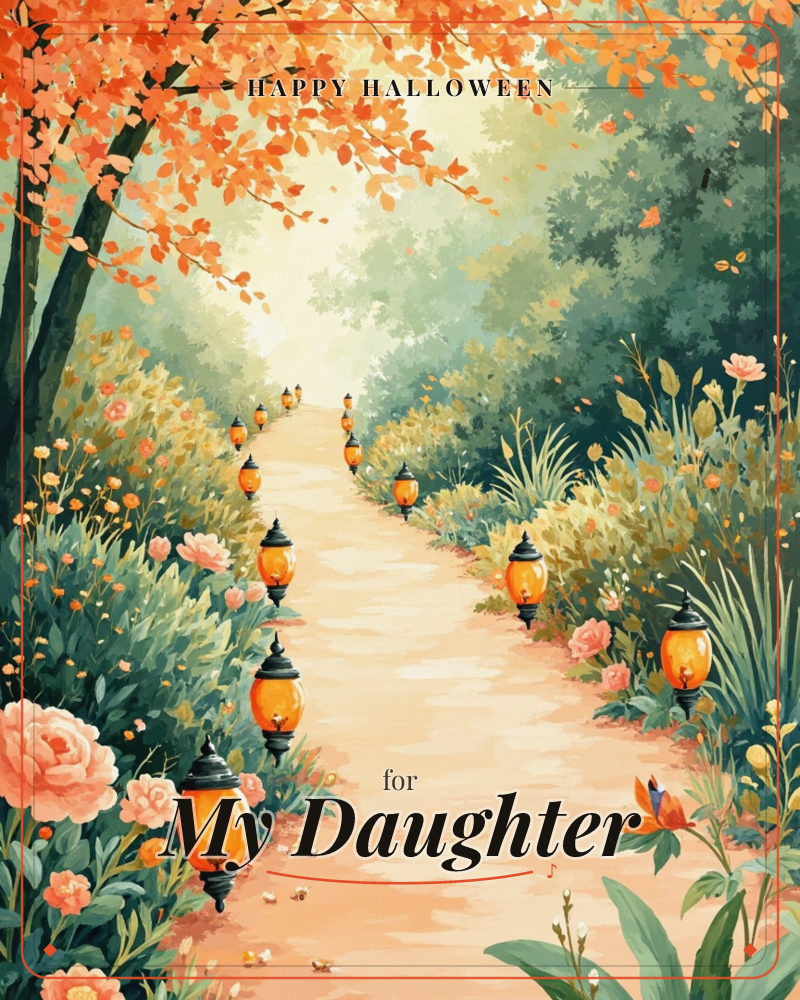 A winding garden path curves into a soft, glowing distance, lined with small glass lanterns and thick borders of pink roses and wildflowers, a halloween e-card design