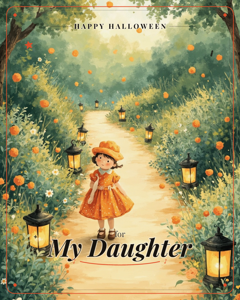 A child in an orange polka-dot dress and sunhat stands on a garden path lined with glowing lanterns and wildflowers, tiny orange blooms drifting…, a halloween e-card design