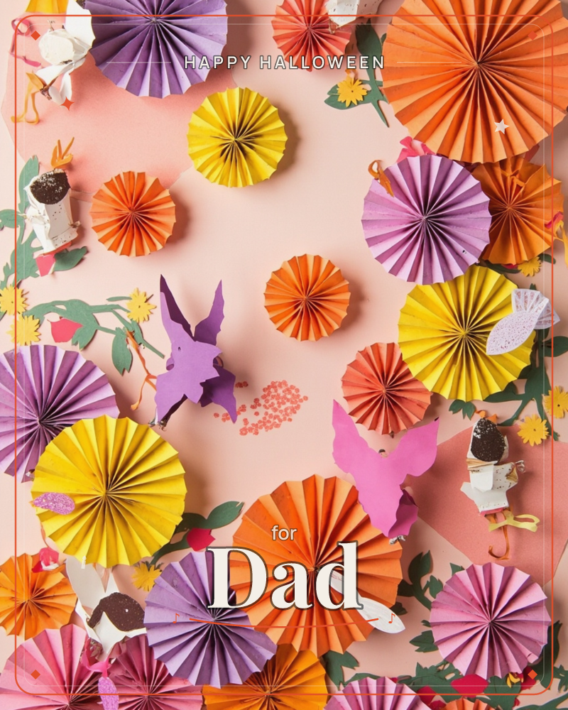 A flat-lay paper-craft scene on a peach background, filled with pleated paper rosettes in purple, yellow, orange and pink, arranged like an overhead…, a halloween e-card design