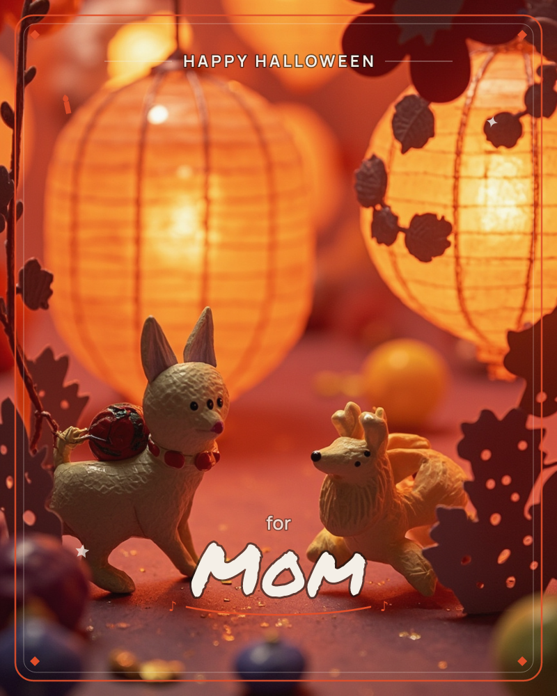 Two small carved animal figures, one a rabbit-eared creature carrying a bundled sack and the other a leaping fox-like companion, stand together on a…, a halloween e-card design
