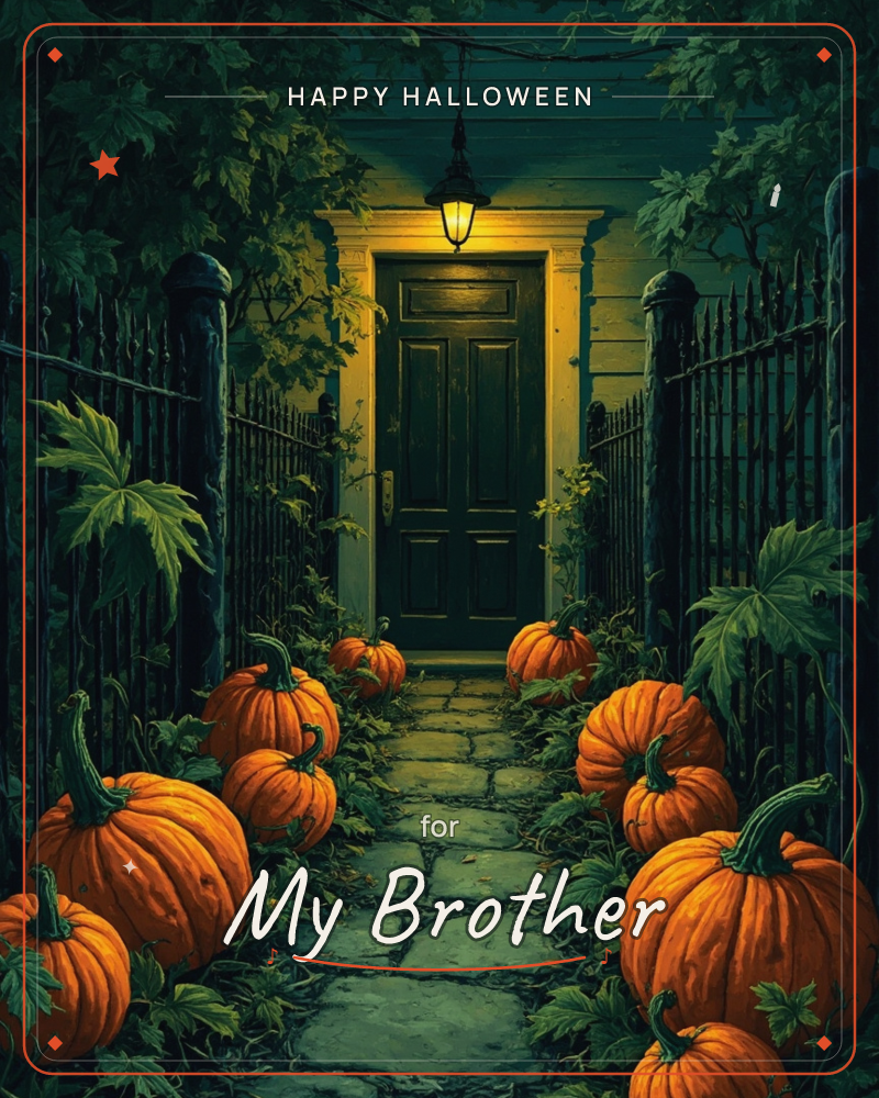 A stone path leads between wrought-iron gates to a dark front door, its single lantern casting warm yellow light over a scattering of plump orange…, a halloween e-card design