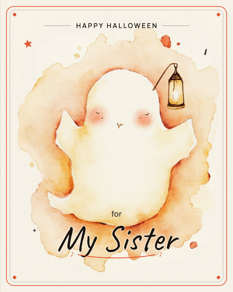 A small round-shouldered ghost floats with closed eyes and rosy cheeks, holding up a tiny lit lantern on a hooked pole, a halloween e-card design