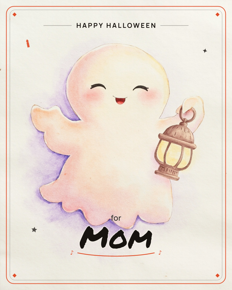 A small round-bodied ghost floats against soft purple shadow, its scalloped edges fluttering as it glows a warm cream and blush pink, a halloween e-card design