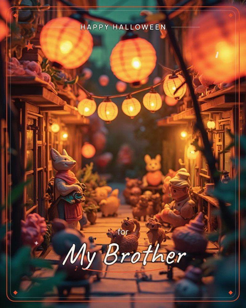 A miniature village alley glows under strings of round paper lanterns at dusk, their warm orange light spilling over stone paving, a halloween e-card design