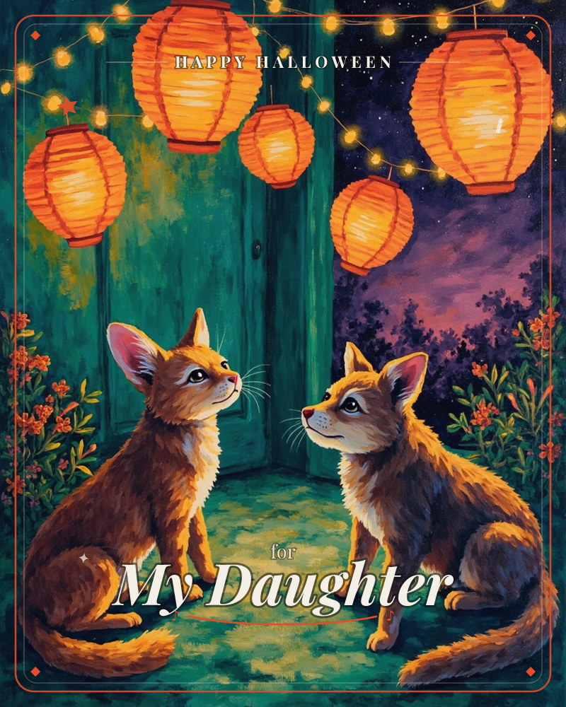 Two fox-like creatures sit face to face on a mossy green step before a weathered teal door, glowing orange paper lanterns strung above them against a…, a halloween e-card design