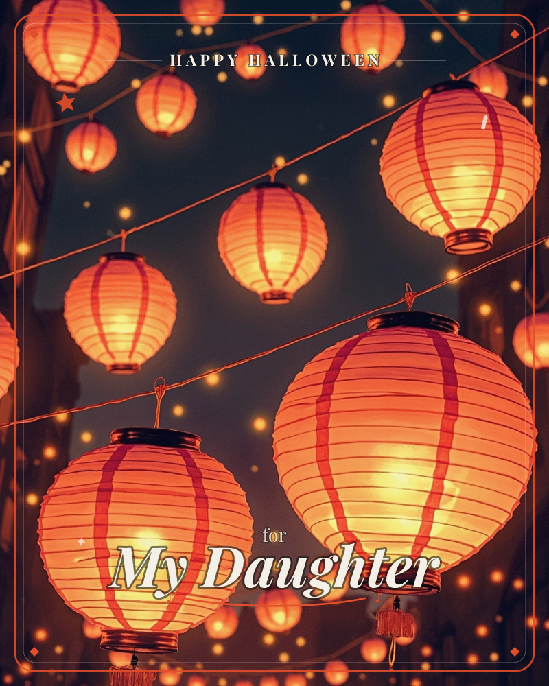 Rows of glowing paper lanterns hang strung across a night sky, their warm orange light spilling over striped red paper skins, a halloween e-card design