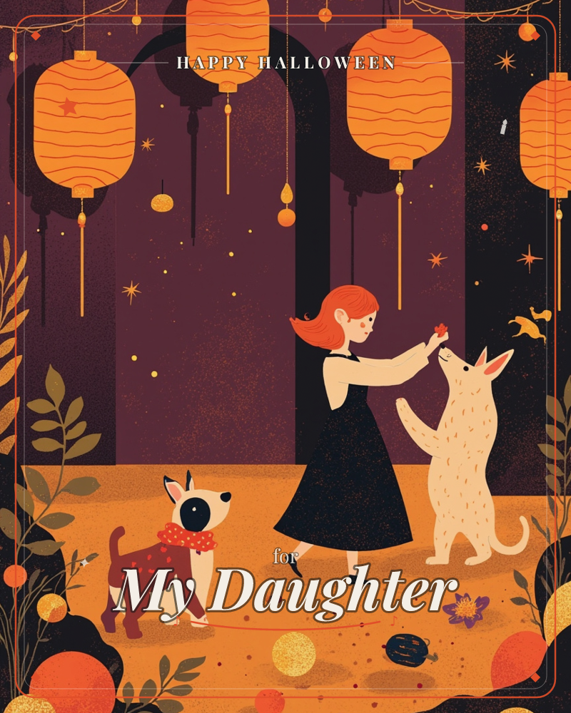 A woman in a black dress plays with two dogs beneath a row of glowing orange paper lanterns strung across a dark archway, a halloween e-card design
