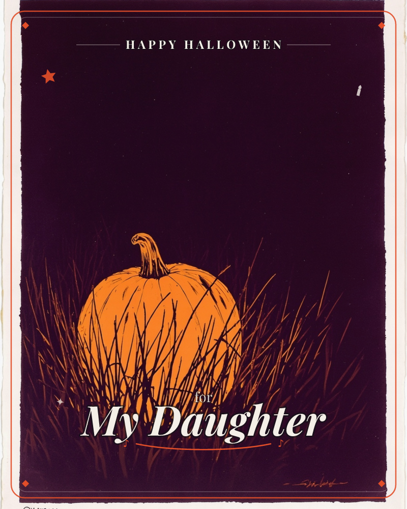 A single bright orange pumpkin sits low in a tangle of dry grass against a near-black, deep purple sky, a halloween e-card design