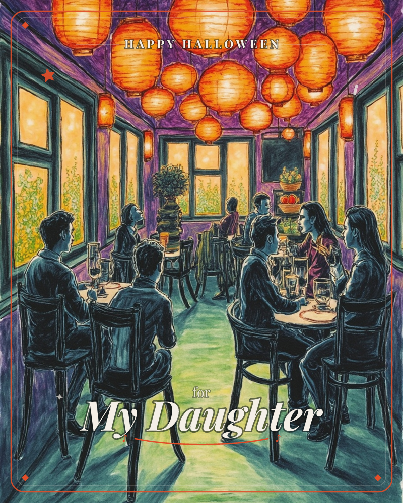 A crowded restaurant glows under a ceiling packed with round orange paper lanterns, their warm light spilling over purple walls and a green-lit floor, a halloween e-card design