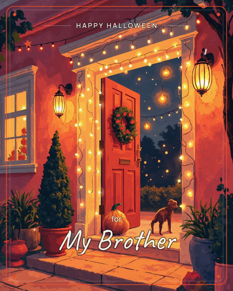 A red front door stands open at night, framed with glowing string lights and a small wreath, warm lantern light spilling onto the porch, a halloween e-card design