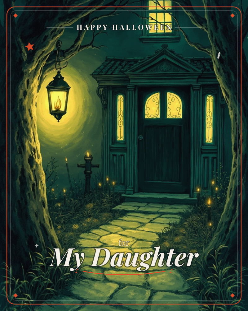 A stone path winds through gnarled, arching trees toward a grand doorway lit from within, its windows traced with glowing scrollwork, a halloween e-card design