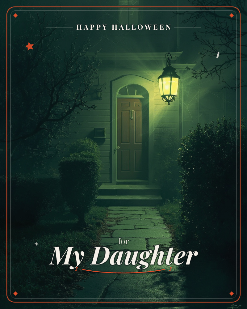 A hooded lantern glows beside a red front door, its warm light spilling across a mist-hung stone path lined with dark hedges, a halloween e-card design