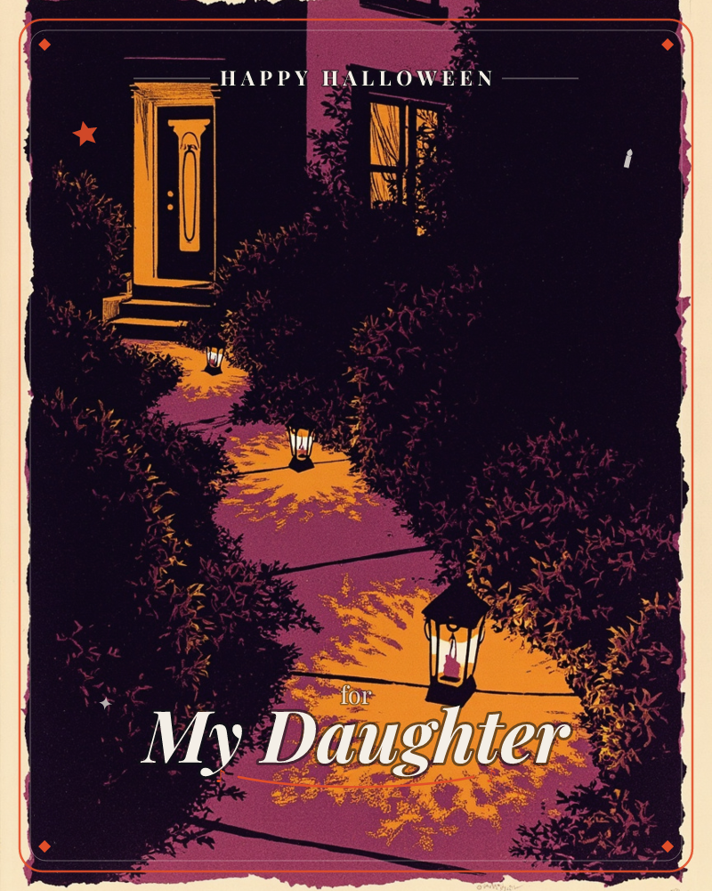 A winding garden path leads toward a glowing front door, lit by a row of small lanterns tucked into dark, dense hedges, a halloween e-card design