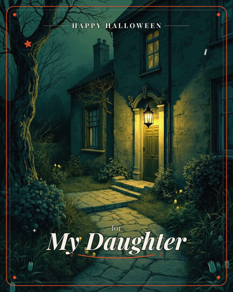 A stone cottage glows softly at night, its front door and upstairs window lit warm gold against deep teal darkness, a halloween e-card design