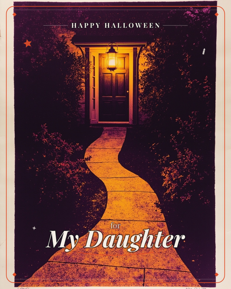 A winding stone path glows amber as it leads through dark, shadowy hedges toward a lit front door with a hanging lantern above it, a halloween e-card design