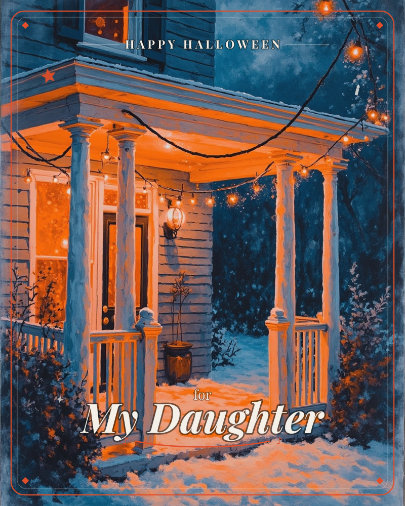 A snow-dusted porch glows warm orange against a deep blue winter night, its white columns and railings strung with string lights that loop up into the…, a halloween e-card design