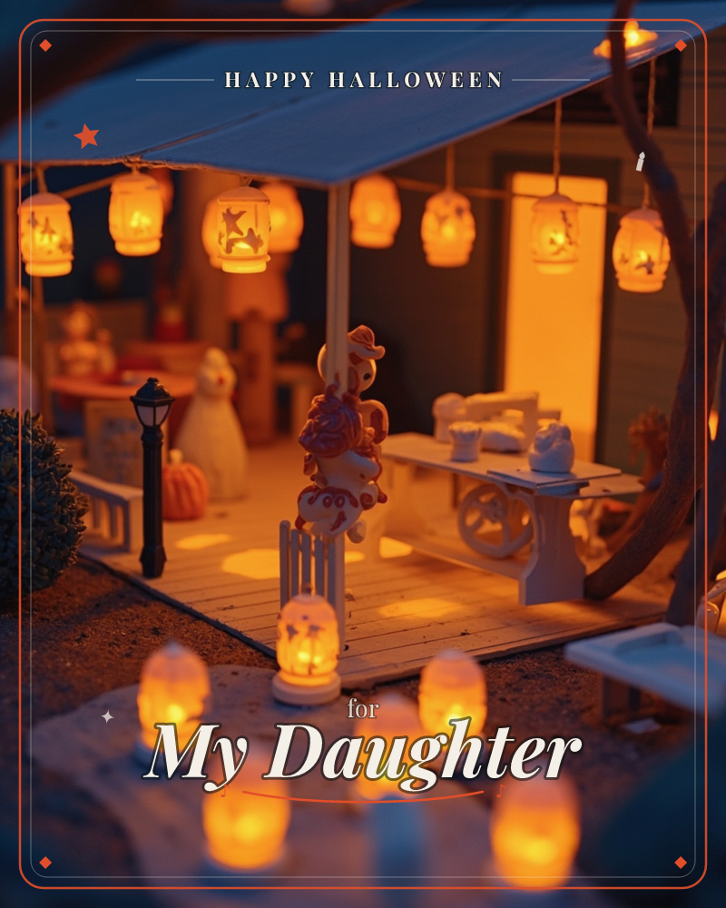 A miniature porch scene glows at dusk, strung with tiny paper lanterns and lined with flickering candle jars along the ground, a halloween e-card design