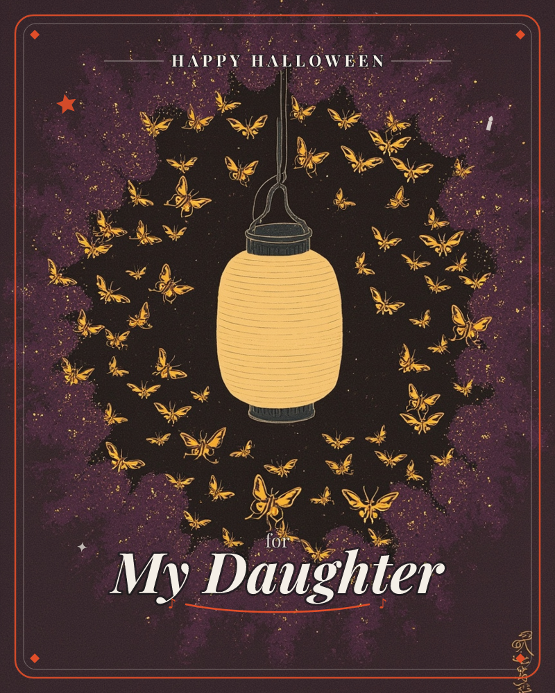 A single paper lantern glows gold against a deep plum-black night, surrounded by a swirling halo of moths drawn to its light, a halloween e-card design