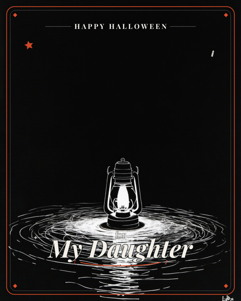 A single lantern glows against total black, its light rendered in fine white outlines that ripple outward like water across the whole lower half of the…, a halloween e-card design