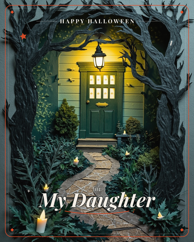 A paper-craft diorama shows a green front door glowing warmly behind a lantern, framed by two gnarled, bare trees arching overhead like a spooky gateway, a halloween e-card design