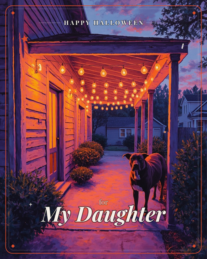 A porch glows under a string of warm bulbs at dusk, their light pooling orange and pink across weathered wood boards and a concrete walkway, a halloween e-card design