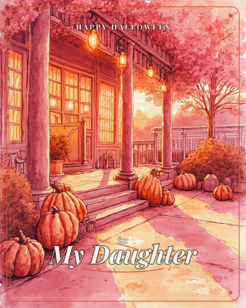 A columned porch glows with warm lamplight as pumpkins are scattered across the steps and walkway leading up to it, a halloween e-card design