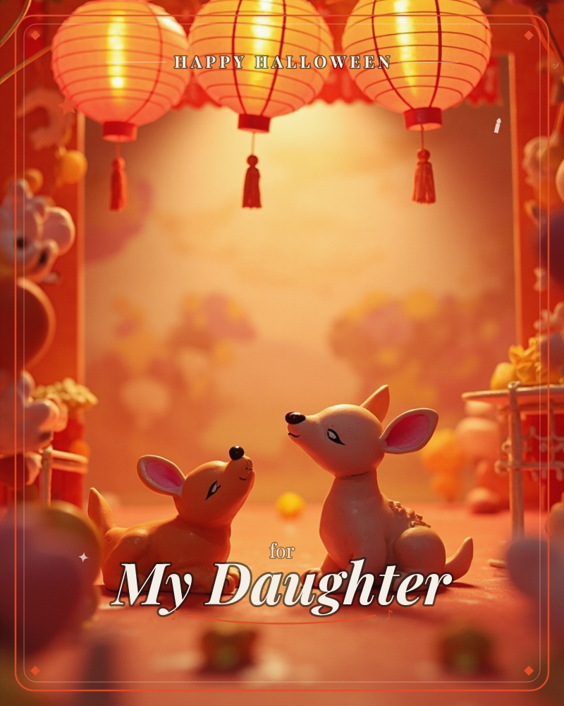 Two glossy toy-like fox or dog figurines sit facing each other on a warm red platform, glowing lanterns with tassels hanging above them, a halloween e-card design