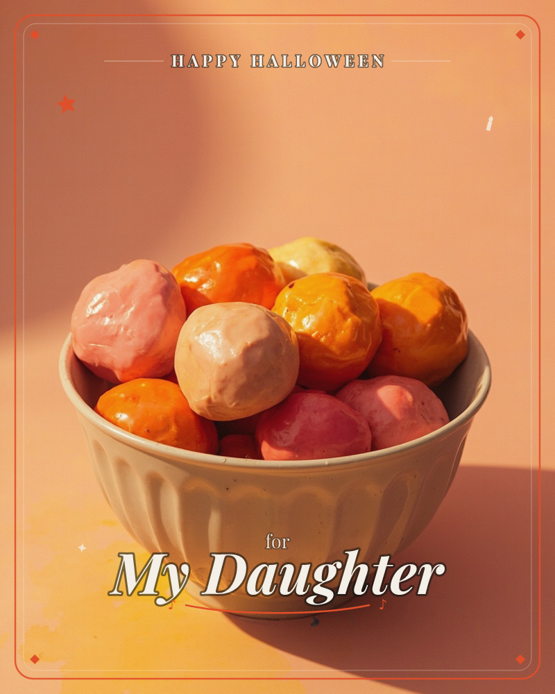 A ridged ceramic bowl sits on a warm peach-toned surface, piled high with glossy round fruits in shades of pink, orange, and cream, a halloween e-card design