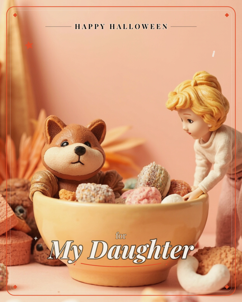 A figurine of a curly-haired child in a cream sweater leans over a yellow bowl heaped with sugared sweets, reaching in beside a small toy fox already…, a halloween e-card design