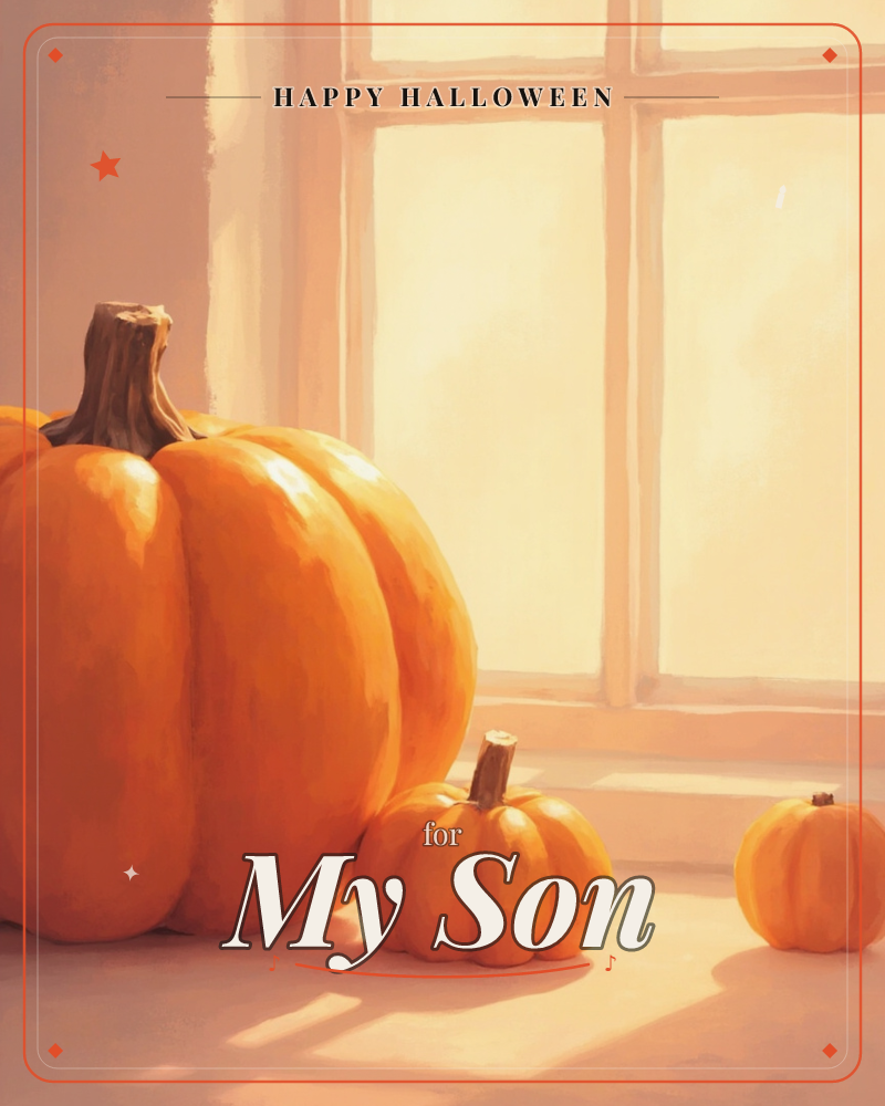Three pumpkins, from large to tiny, sit in a row on a sunlit windowsill, their curved ridges glowing where the light catches them, a halloween e-card design