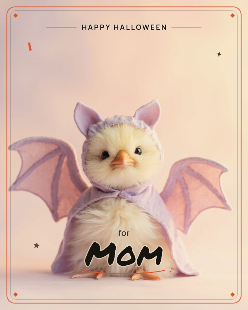 A fluffy yellow chick stands front and centre, dressed in a soft lavender felt bat costume complete with pointed ears, a hood, and outstretched felt wings, a halloween e-card design