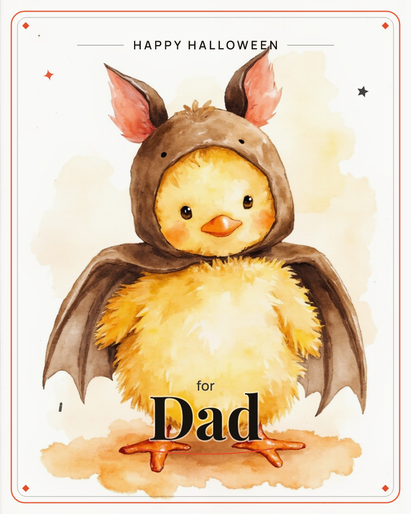 A fluffy yellow chick stands centre-page wearing a soft grey bat costume, hood pulled up with pink-lined ears and wings draped like a little cape, a halloween e-card design