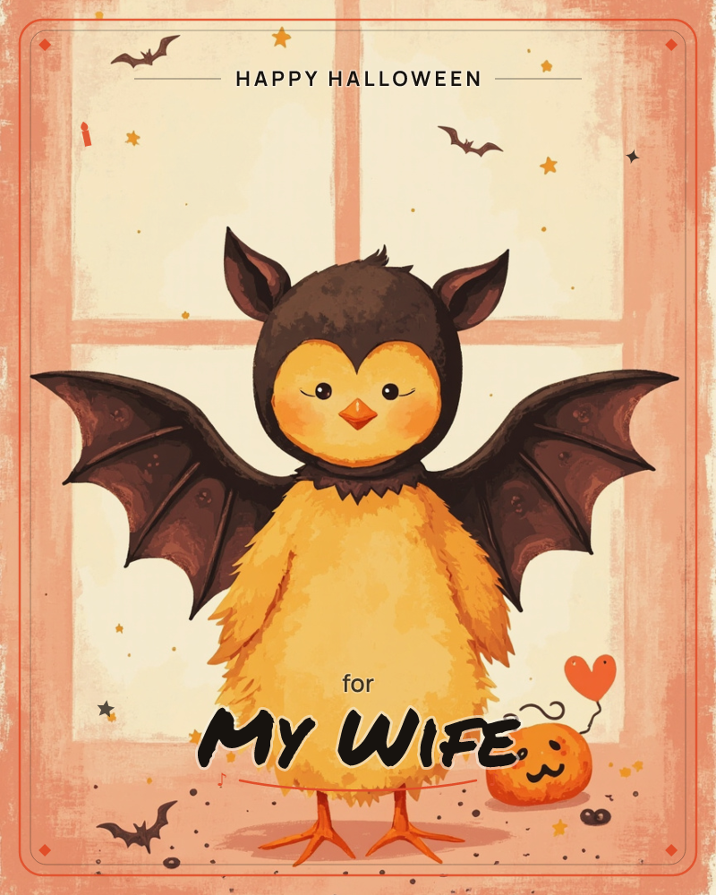 A fluffy yellow chick stands dressed up in a bat costume, complete with dark wings, ears, and a hood, in front of a pale windowpane dotted with tiny…, a halloween e-card design