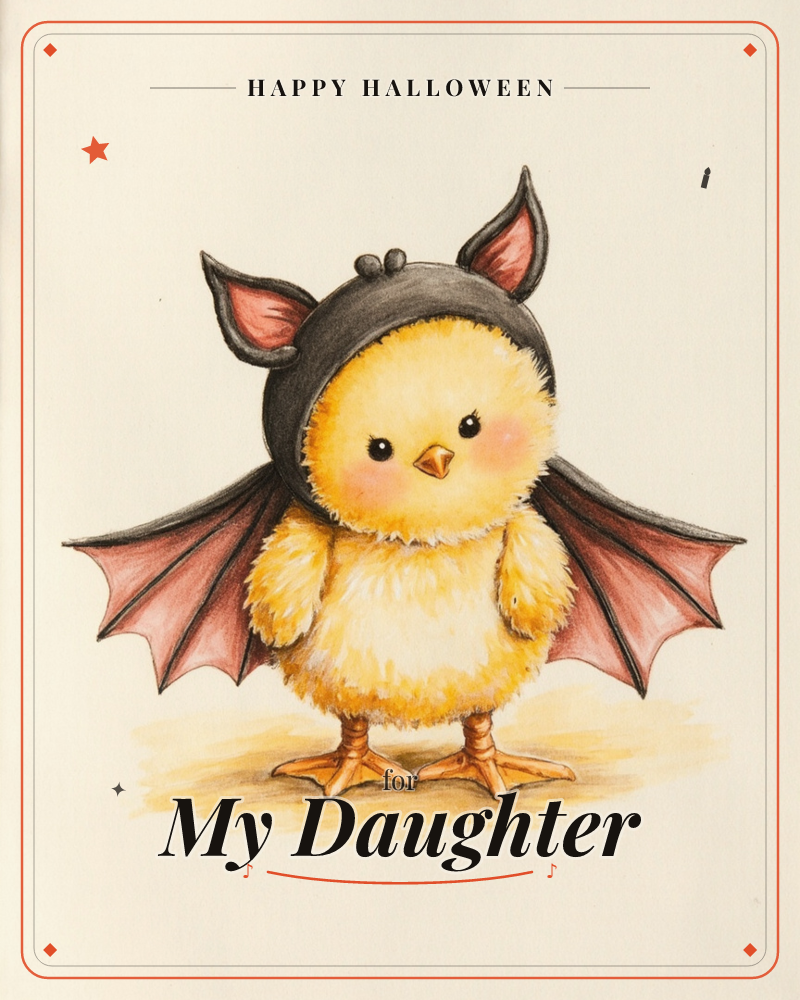 A fluffy yellow chick stands on a soft sandy ground, dressed in a black bat costume with wide pink-lined wings and a hood with pointy ears, a halloween e-card design