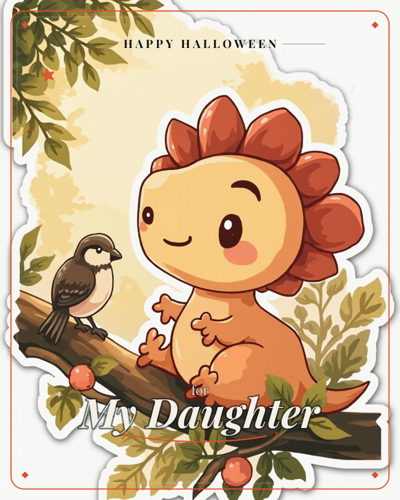A round-bellied cartoon dinosaur with a spiky orange-red frill sits perched on a leafy branch, smiling shyly beside a small perched sparrow, a halloween e-card design