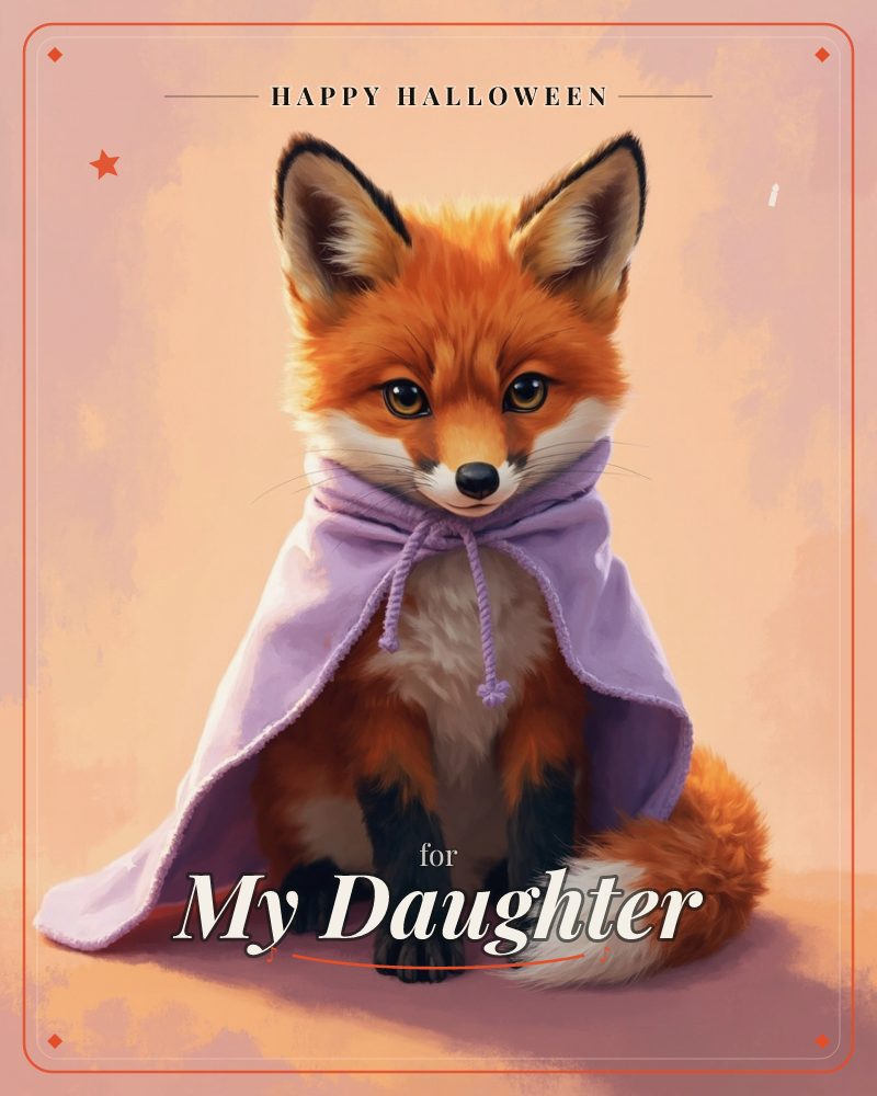 A young red fox sits upright wearing a lilac cloak tied at the neck, its bushy tail curled forward by its paws, a halloween e-card design