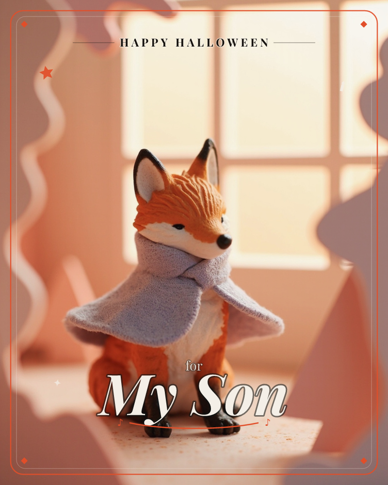 A small sculpted fox sits wrapped in a soft grey scarf, framed by a warm sunlit window in a papercraft interior, a halloween e-card design