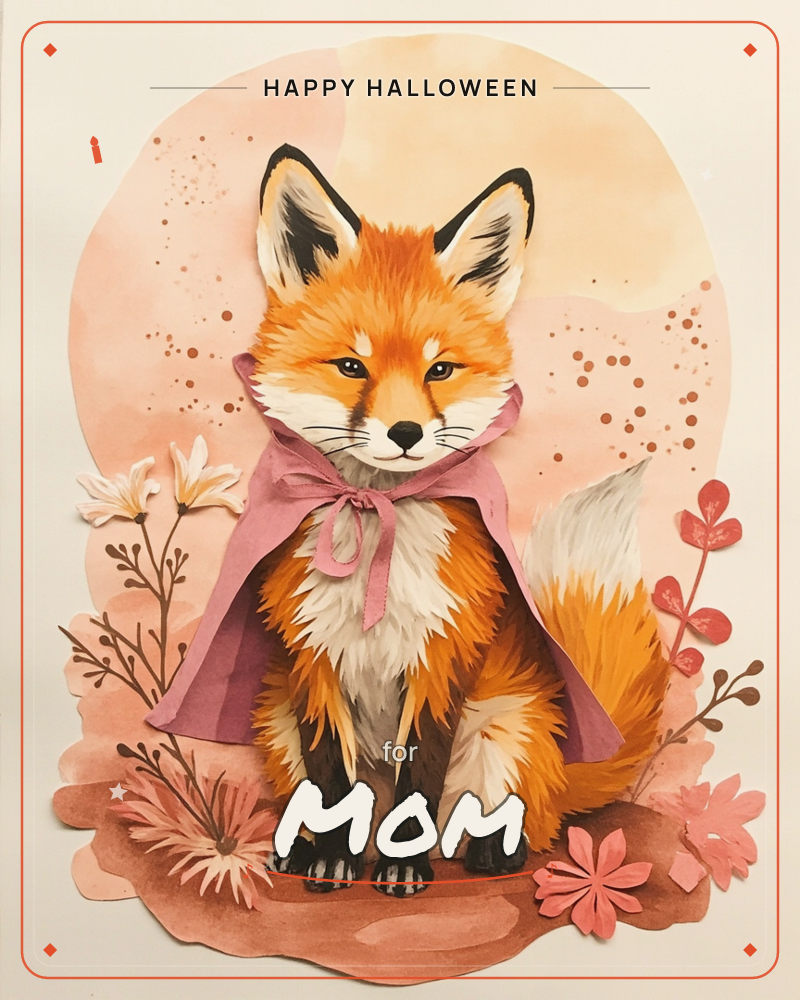 A fox with a fluffy orange and white coat sits upright wearing a dusty pink cape tied at the neck, set against a peachy watercolour glow speckled with…, a halloween e-card design