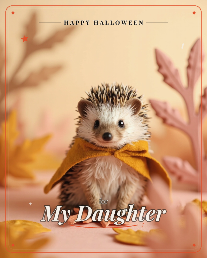A small hedgehog sits front and centre wearing a mustard-yellow felt cape tied in a bow, surrounded by paper-craft autumn leaves in warm pink and gold…, a halloween e-card design