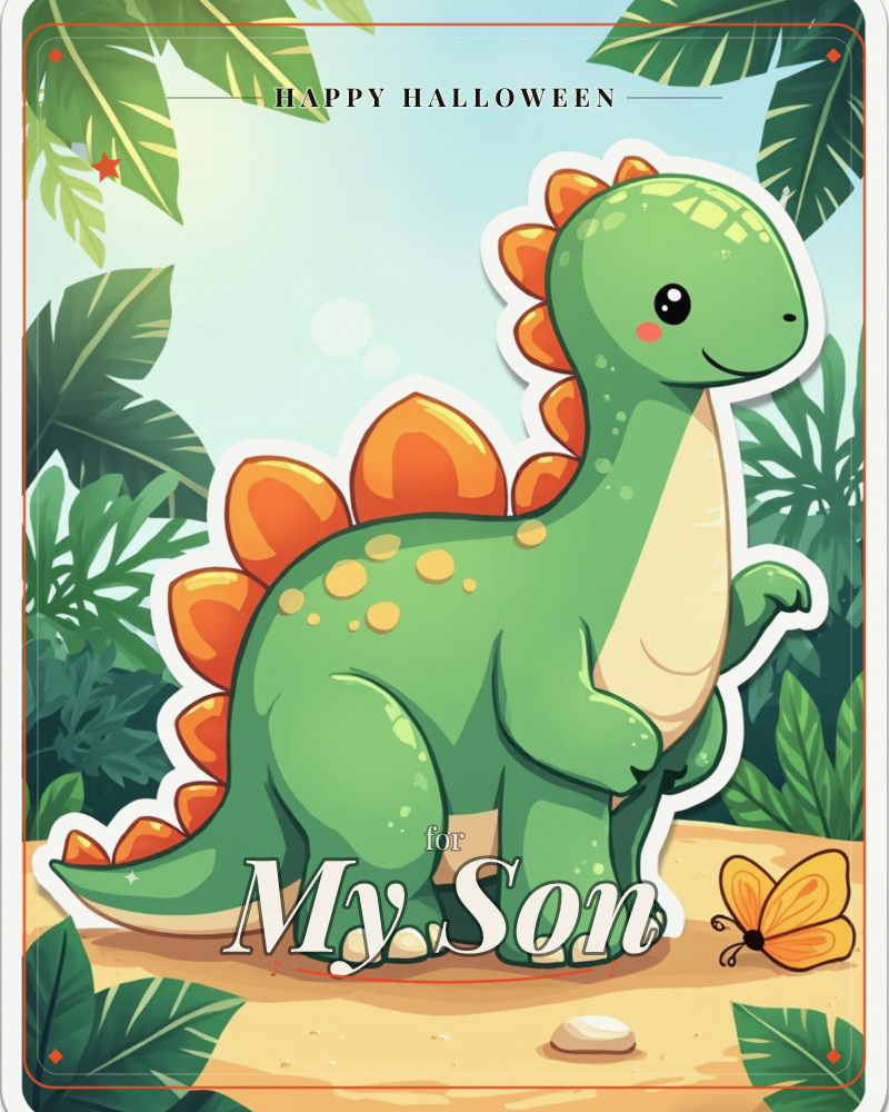 A cheerful green dinosaur with orange spiked plates down its back stands smiling on a sandy jungle path, its cream belly rounded and dotted with soft…, a halloween e-card design