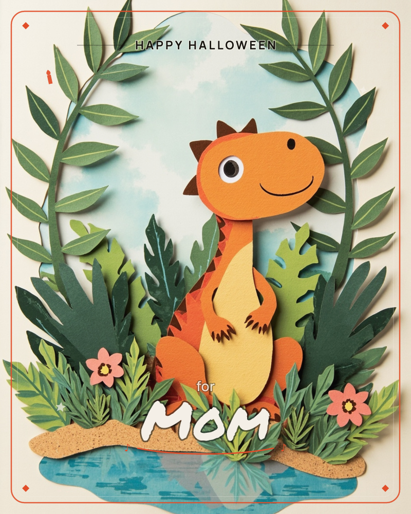A cheerful orange dinosaur with a cream belly and tiny brown spikes stands smiling beside a pond, framed by an arched leafy vine and layers of…, a halloween e-card design