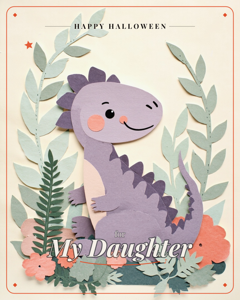 A cheerful purple dinosaur with rosy cheeks and a spiky back sits smiling among layered paper leaves, ferns, and coral-pink flowers, a halloween e-card design