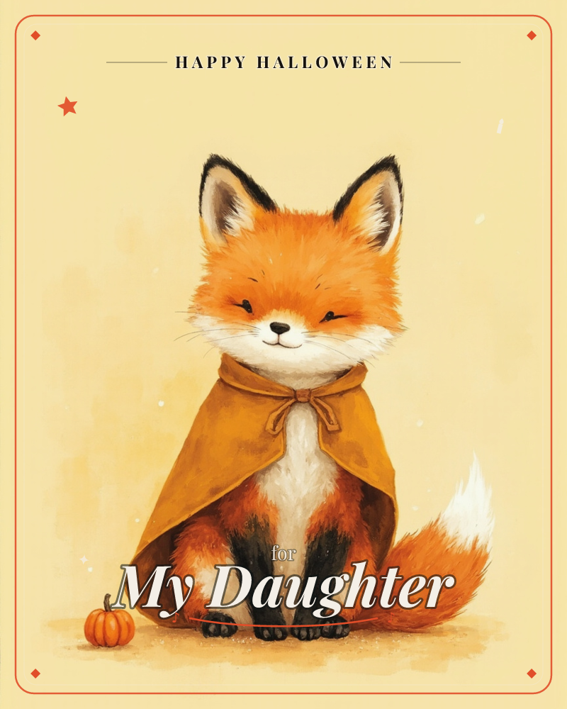 A small orange fox sits with eyes closed and a contented smile, wrapped in a mustard-yellow cloak tied at the neck, a halloween e-card design