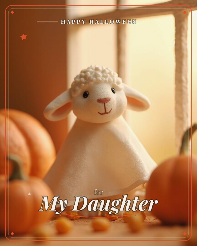 A plush toy lamb with curly wool and a smiling stitched face sits on a windowsill bathed in warm golden light, surrounded by small orange pumpkins and…, a halloween e-card design