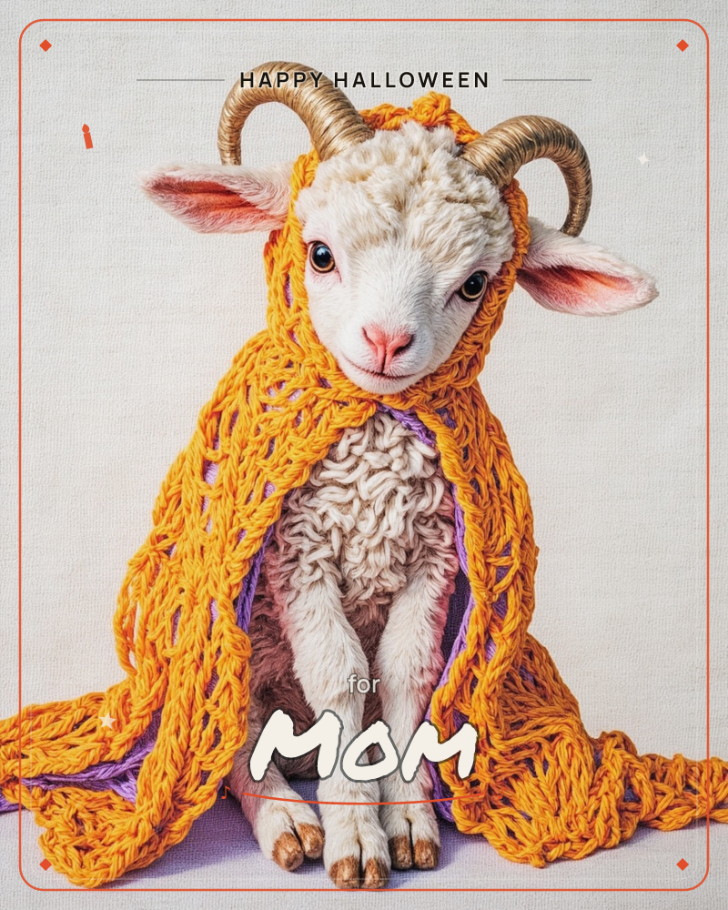 A young horned lamb sits against a plain linen backdrop, wrapped snugly in a chunky orange crocheted shawl that drapes over its head like a hood, a halloween e-card design