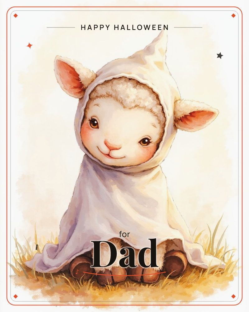 A small woolly lamb sits in dry autumn grass, wrapped snugly in an oversized cream cloak with its hood pulled up over curly fur, a halloween e-card design