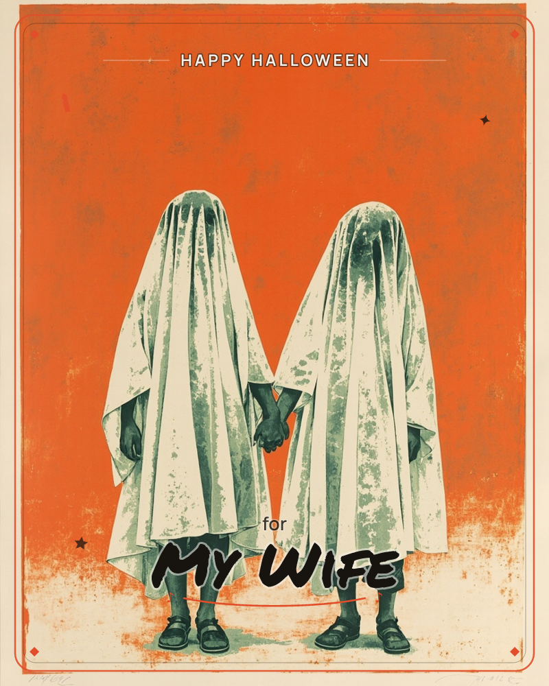 Two figures stand side by side against a bold burnt-orange backdrop, each draped head to toe in a mottled white sheet with cut eyeholes, holding hands…, a halloween e-card design